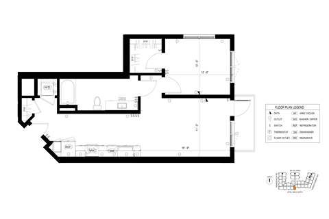 Floor plan for 1 bed, 1 bath, 734 sqft
